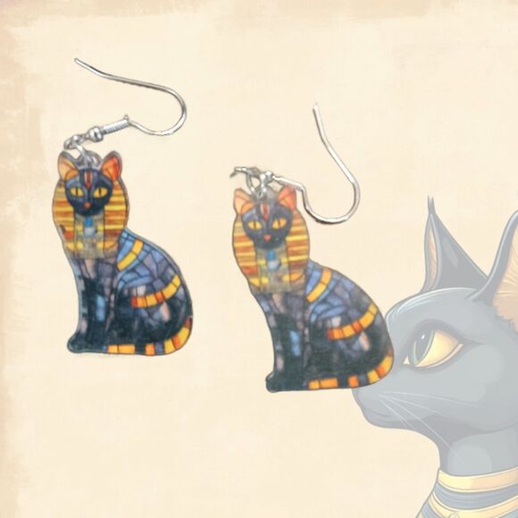 Stained Glass Egyptian Cat Earrings - Picture 1 of 4